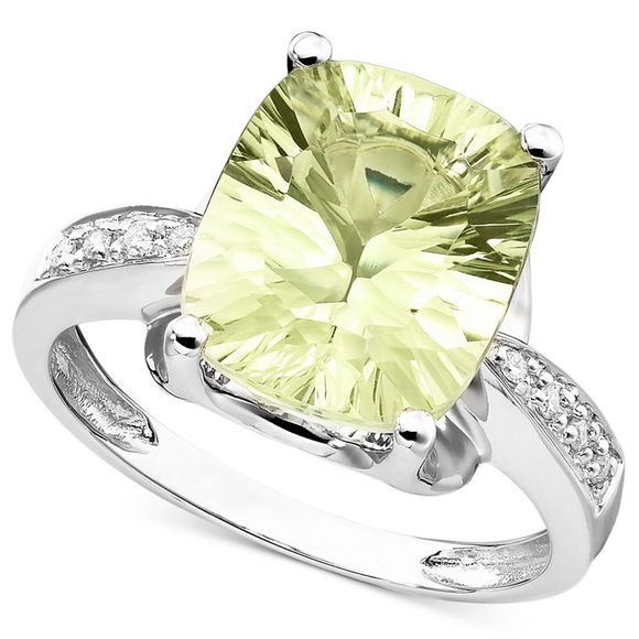 14k White Gold Ring, Green Quartz & Diamond Ring